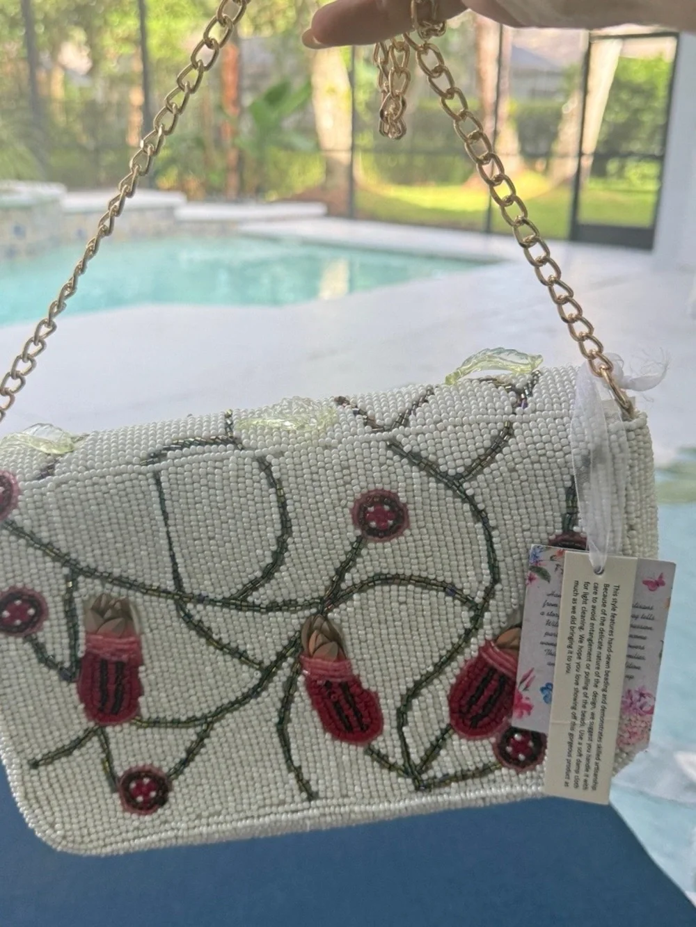 White Beaded Floral Bird Evening Clutch with Gold Chain